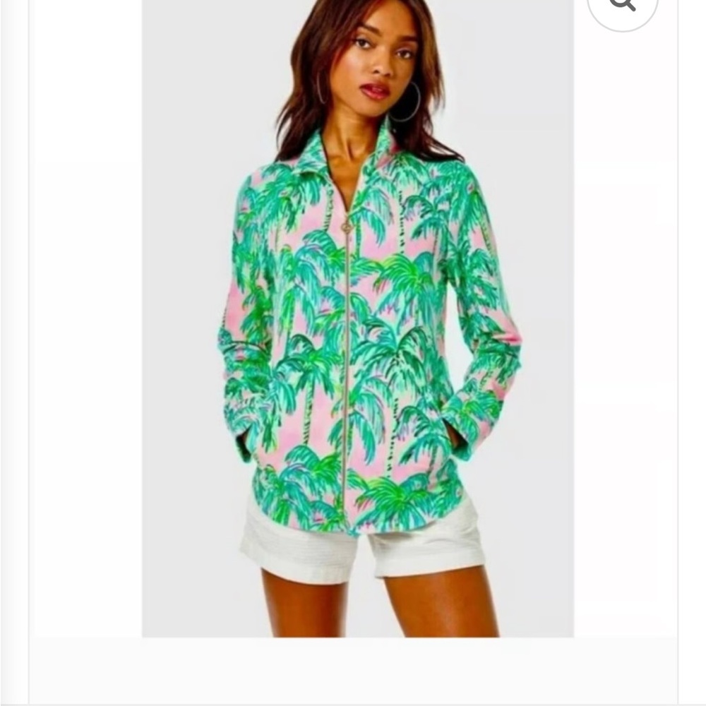 Lilly Pulitzer Leona zip up jacket pink blossom palm tree xxs